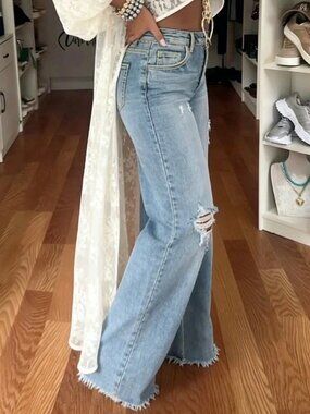Blue Casual Women's Wide Leg Loose Fit Distressed High Waist Jeans
